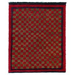 Retro Tulu Shag Rug in Red, Green Chessboard Geometric Pattern by Rug & Kilim