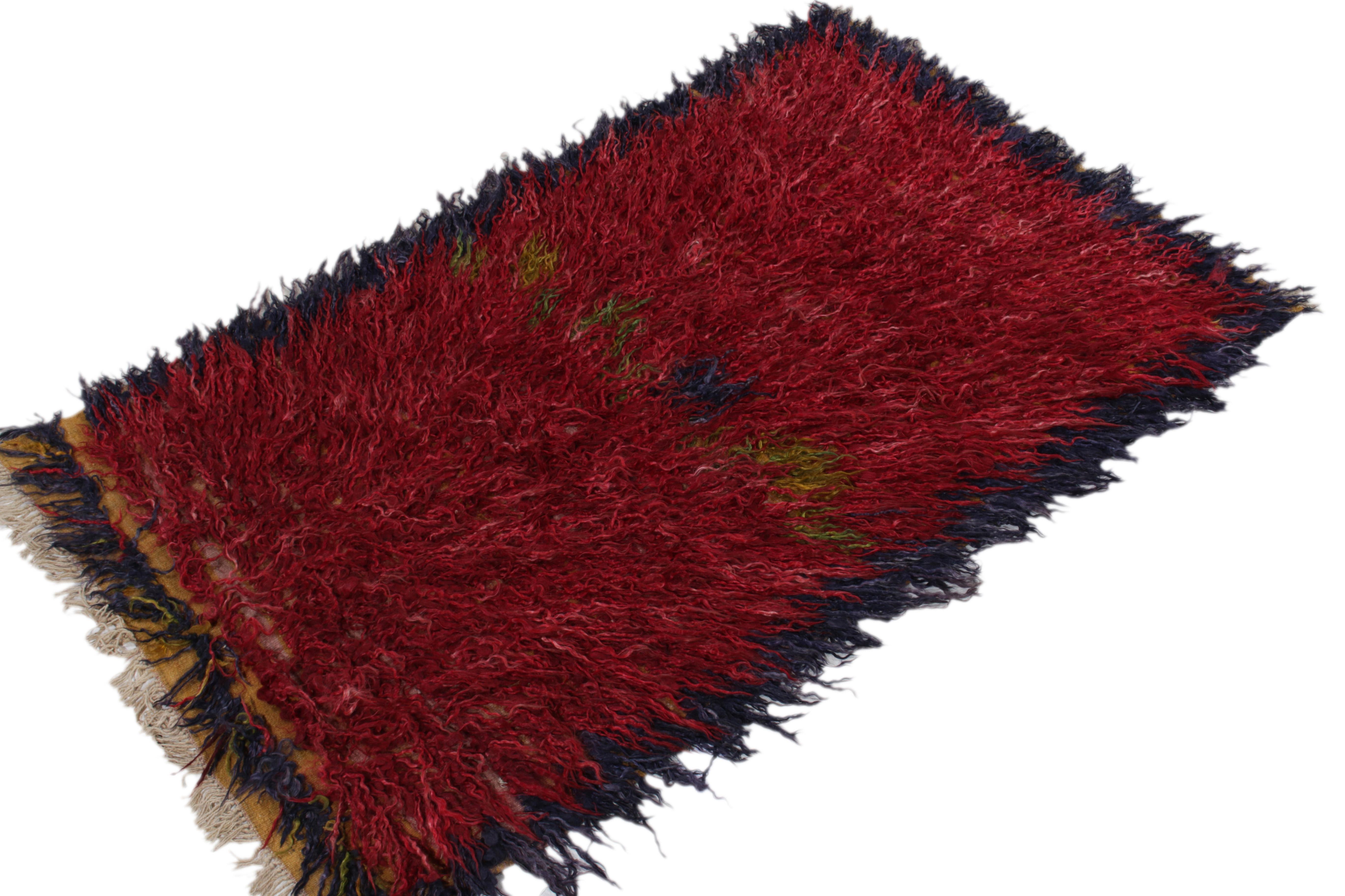 Hand-Knotted Vintage Tulu Shag rug in Red High PIle, Blue Border Accents by Rug & Kilim For Sale