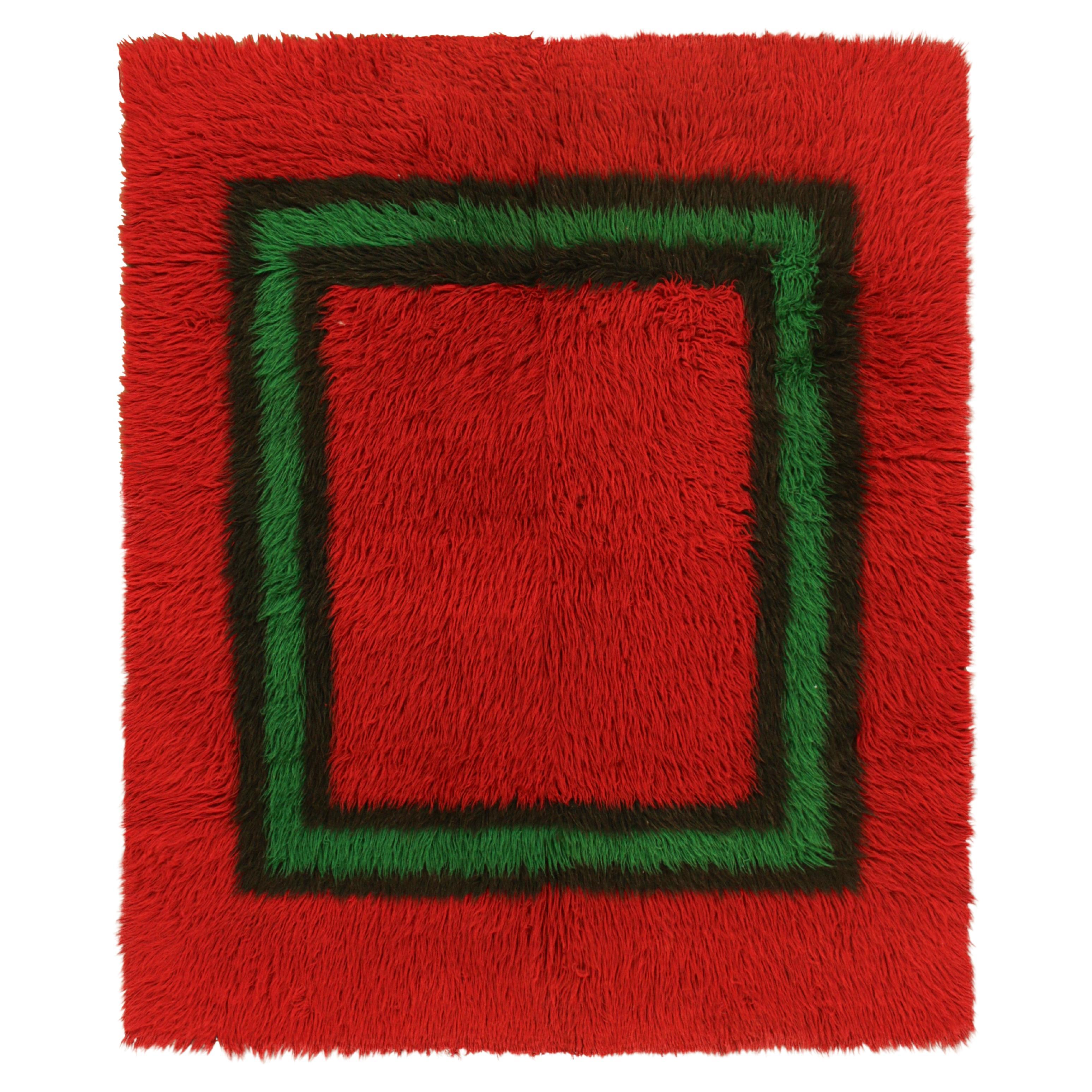 Vintage Tulu Shag Rug in Red with Green Geometric Pattern, from Rug & Kilim
