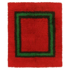 Vintage Tulu Shag Rug in Red with Green Geometric Pattern, from Rug & Kilim