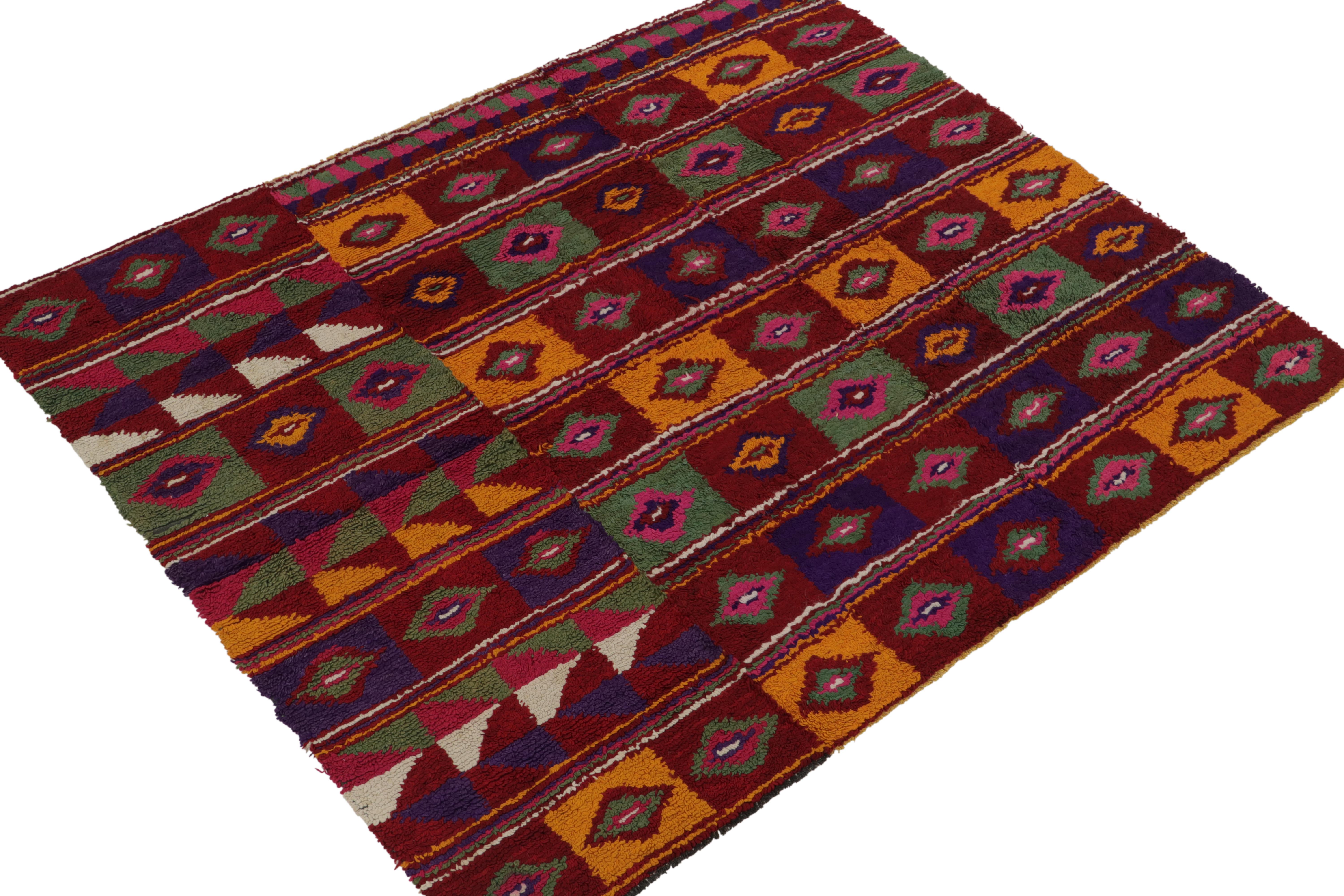 This vintage 6x7 Tulu rug is in the latest rare entries in Rug & Kilim’s tribal curations. Hand-knotted in wool from Turkey circa 1950-1960.
Further on the design:
Tulus like this are known for archaic geometric patterns and bold tribal colors
