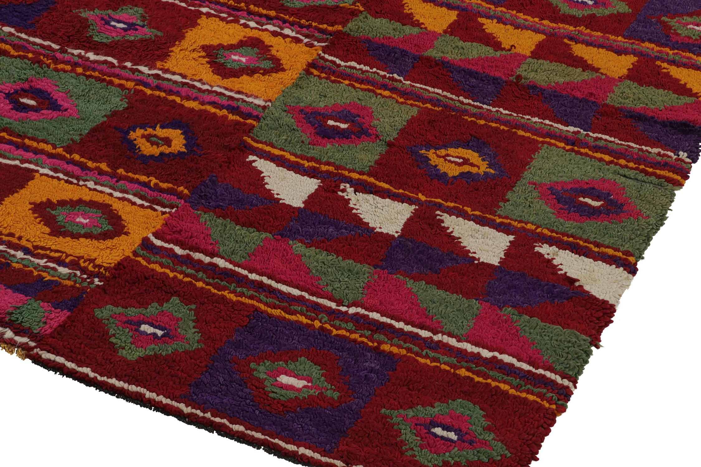 Vintage Tulu Tribal Rug in Red with Polychromatic Diamond Patterns In Excellent Condition For Sale In Long Island City, NY