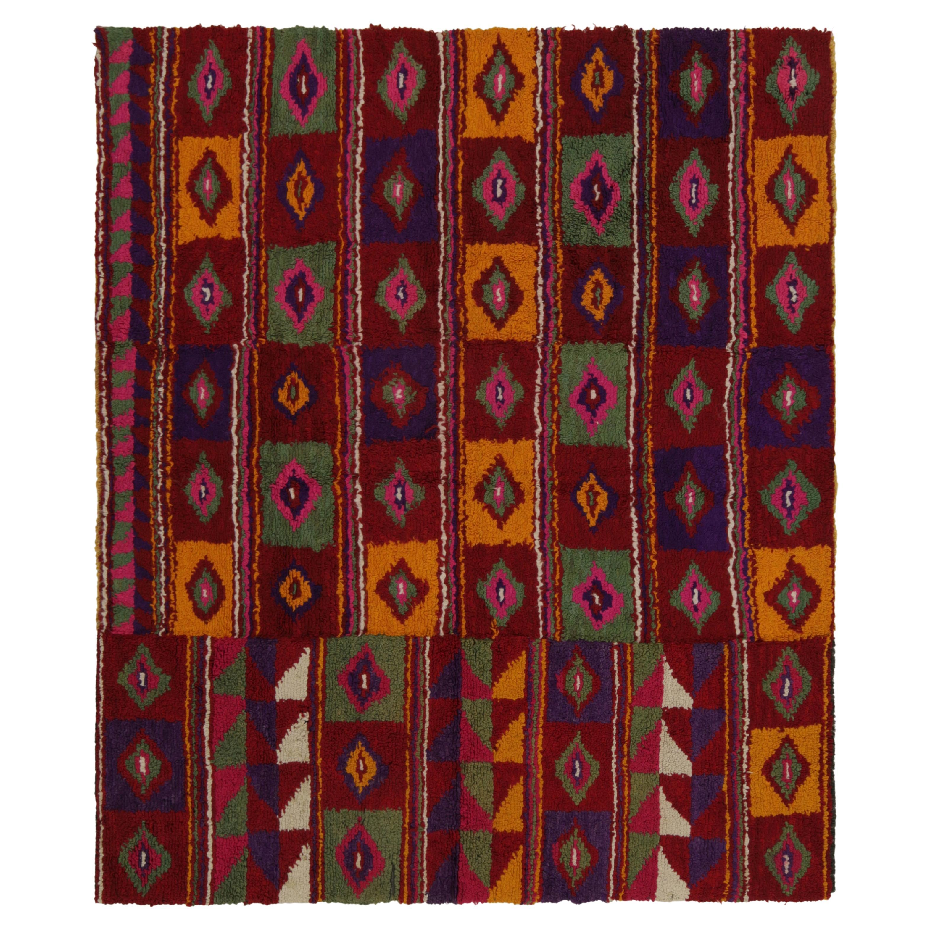 Vintage Tulu Tribal Rug in Red with Polychromatic Diamond Patterns