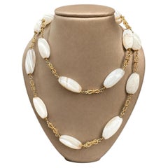 Vintage Tumbled White Agate Station & Yellow Gold Twisted Wire 39" Long Necklace