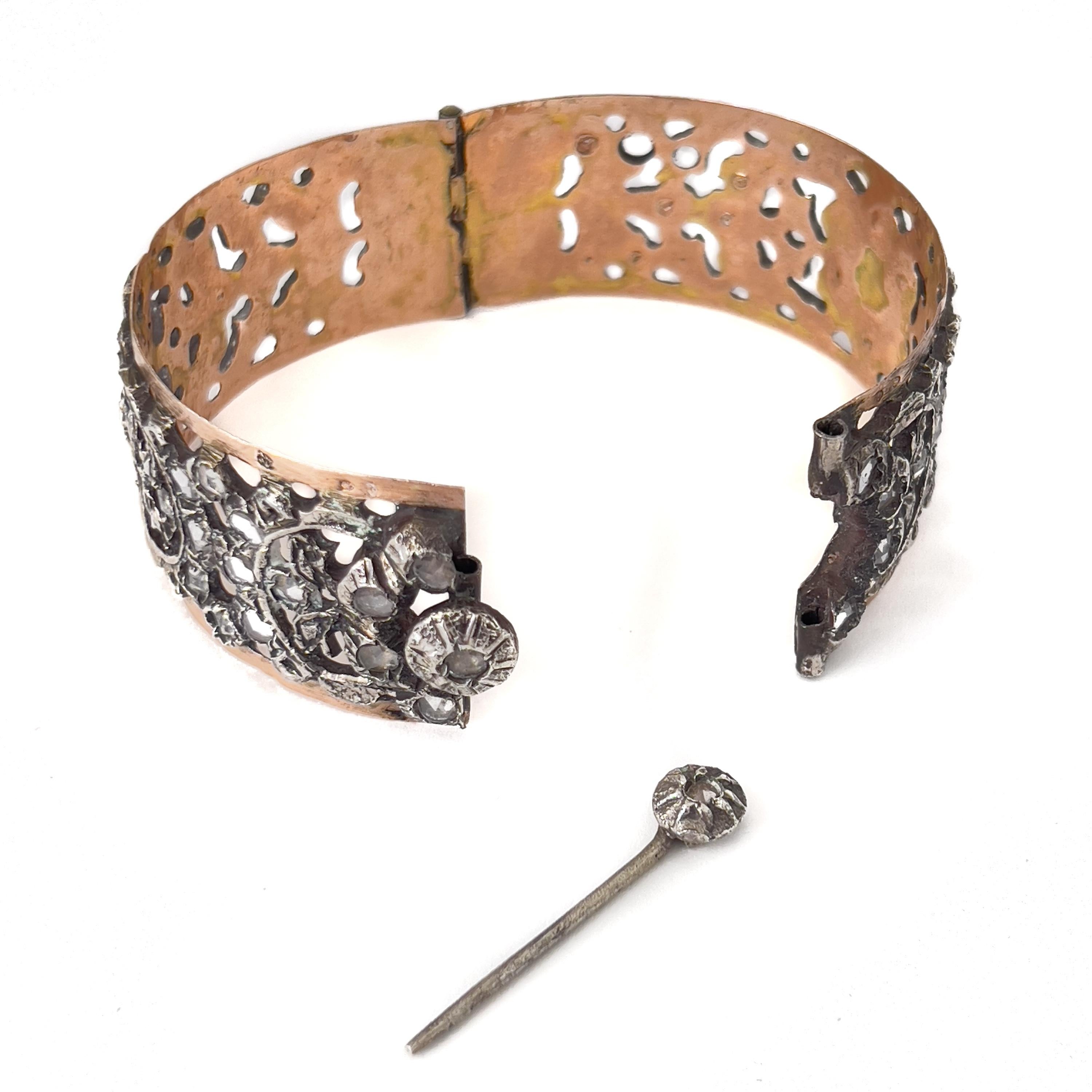 Artisan Vintage Tunisian Chichkhan Silver and Rose Gold Bracelet with Crystal Stones