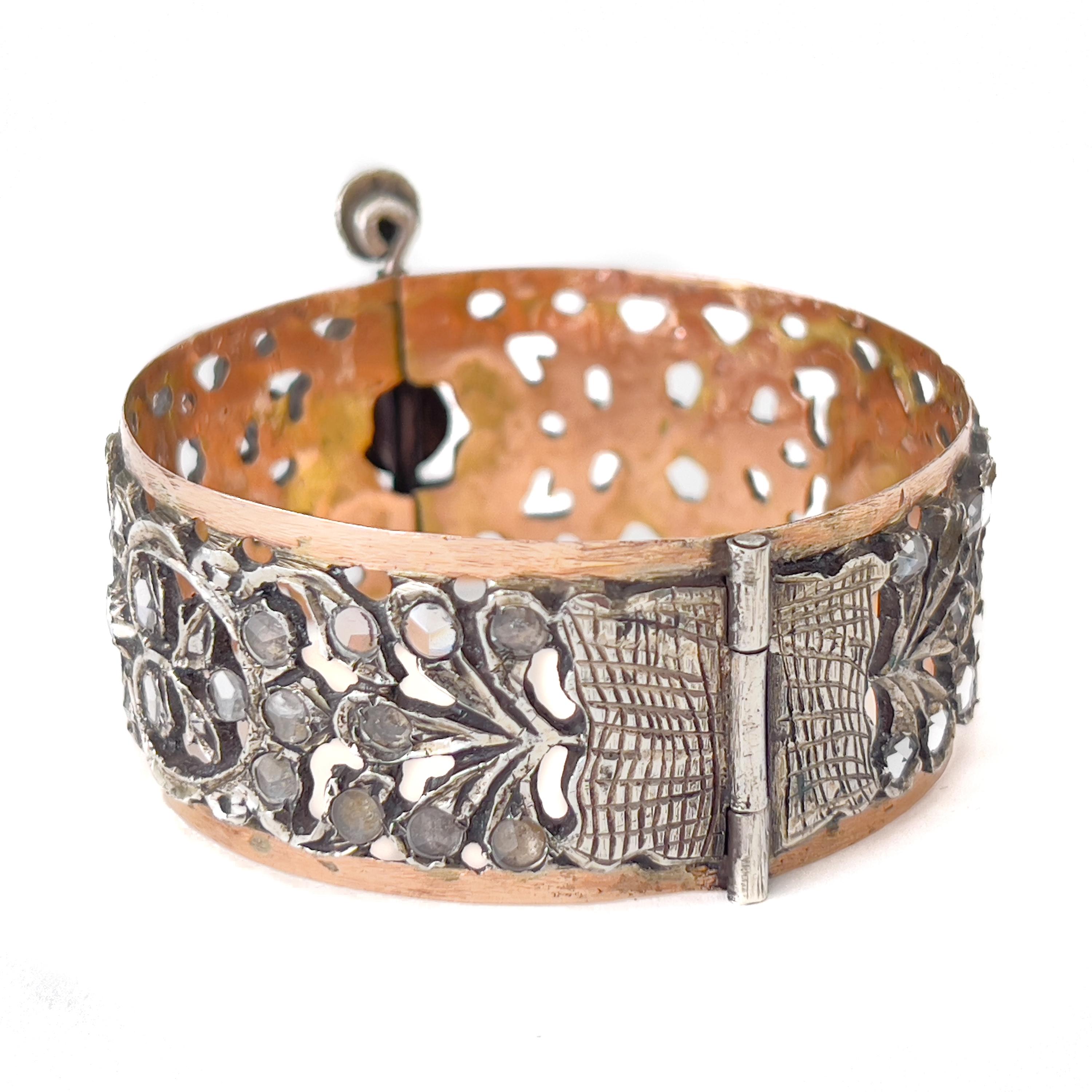 Rose Cut Vintage Tunisian Chichkhan Silver and Rose Gold Bracelet with Crystal Stones