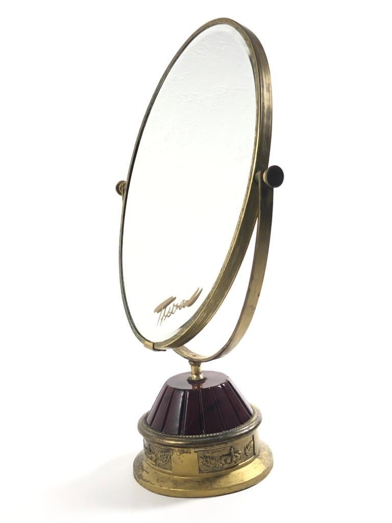 Vintage TURA Pivotal Oversized Table Mirror Burgundy Enamel Gold-Plated, 1950 For Sale 2