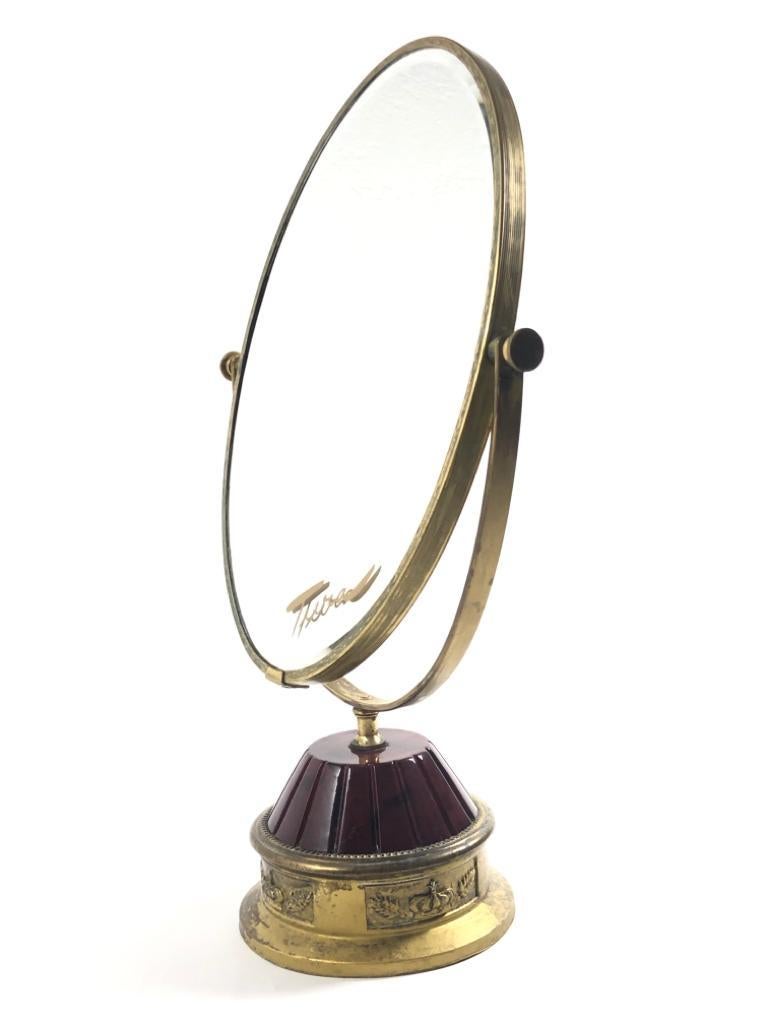 Vintage TURA Pivotal Oversized Table Mirror Burgundy Enamel Gold-Plated, 1950 For Sale 3