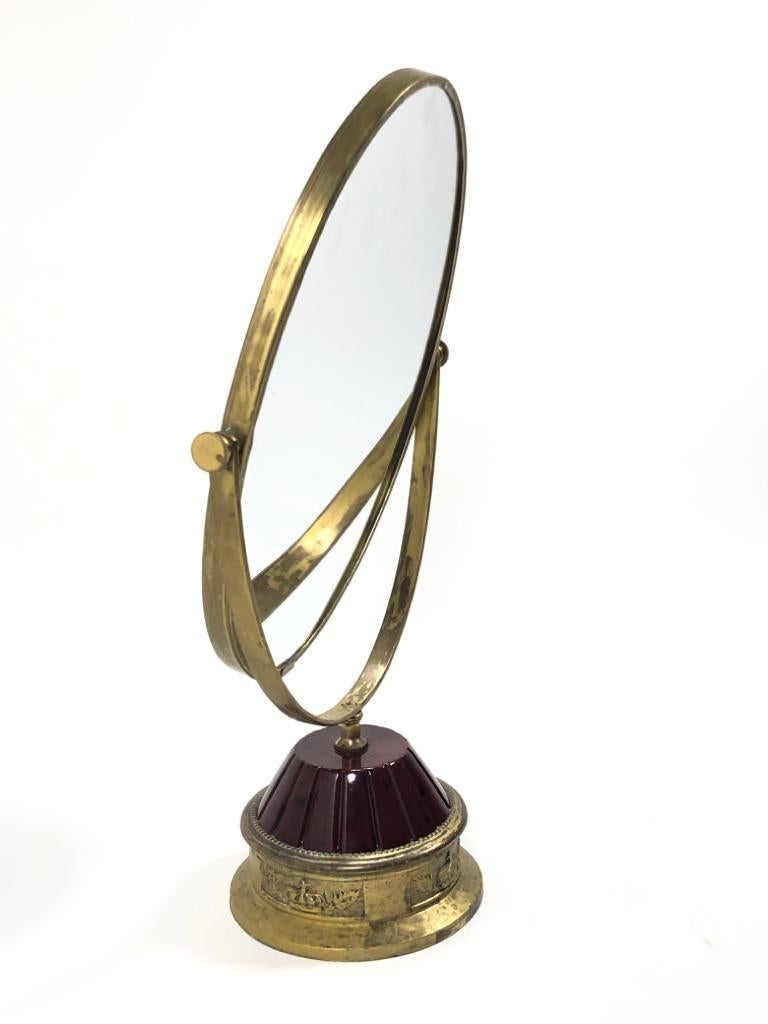French Vintage TURA Pivotal Oversized Table Mirror Burgundy Enamel Gold-Plated, 1950 For Sale