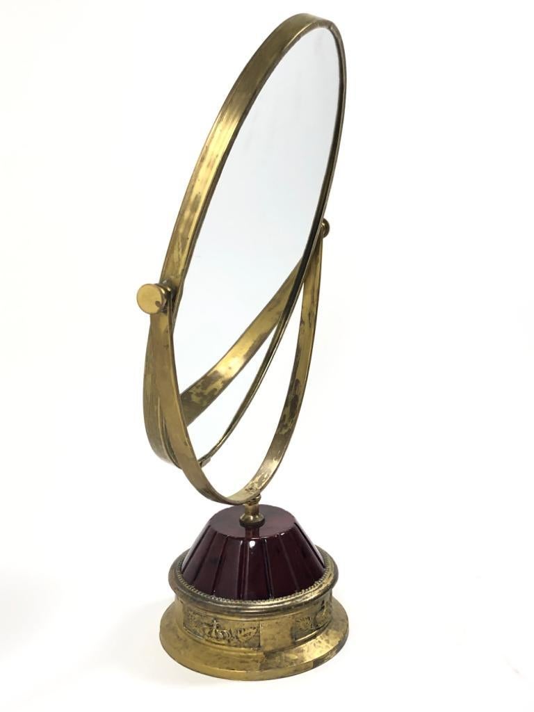 Vintage TURA Pivotal Oversized Table Mirror Burgundy Enamel Gold-Plated, 1950 In Good Condition For Sale In Vis, NL