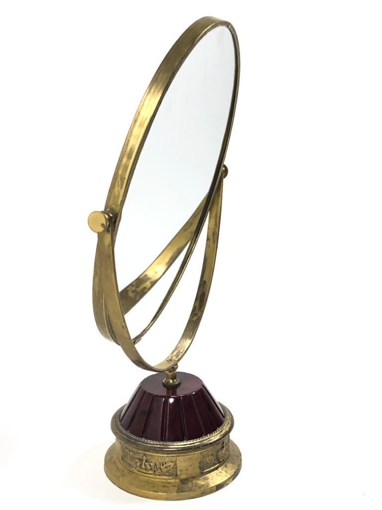 Late 20th Century Vintage TURA Pivotal Oversized Table Mirror Burgundy Enamel Gold-Plated, 1950 For Sale