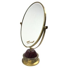 Vintage TURA Pivotal Oversized Table Mirror Burgundy Enamel Gold-Plated, 1950