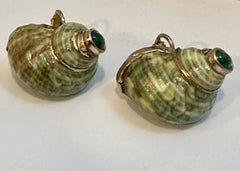 Vintage Turbo Shell Emerald Gold Earring Mother of Pearl Clip on Earring