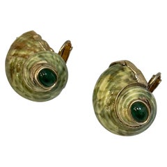 Vintage Turbo Shell Emerald Gold Earring Mother of Pearl Clip on Earring