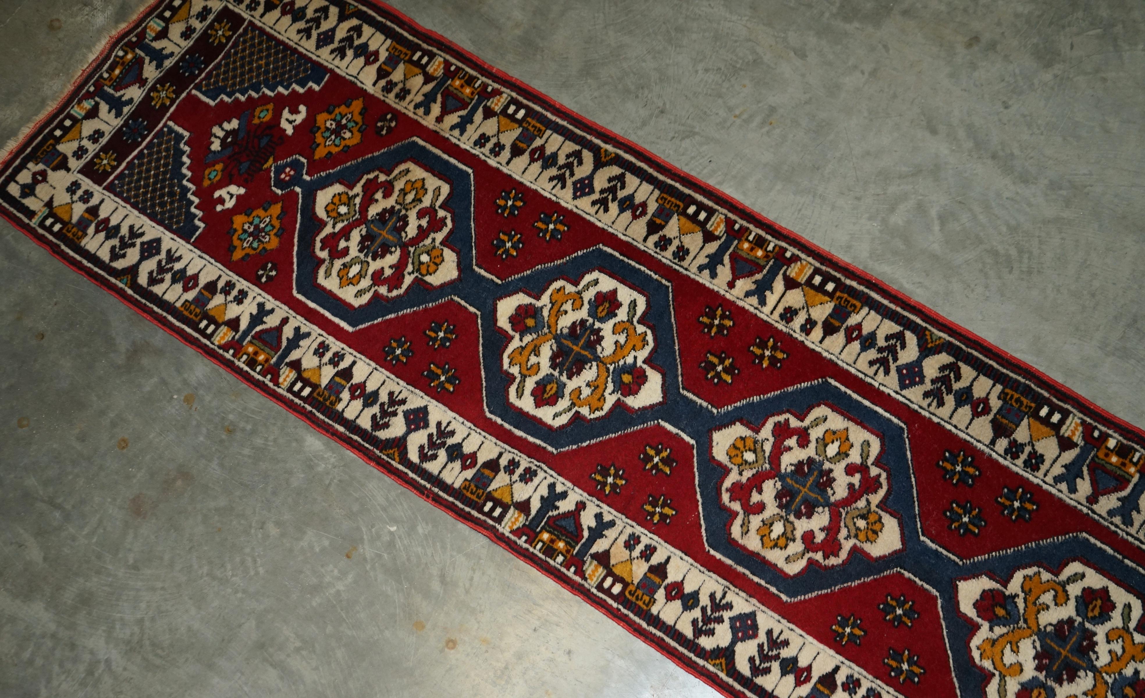 Hand-Crafted Vintage Turkish Geometric Aztek Kilim Runner Hallway Rug Carpet For Sale