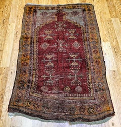 Vintage Turkish Anatolian Prayer Rug, Handwoven Wool, Early 1900s, Red, 4' x 6'