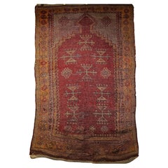 Vintage Turkish Anatolian Area Rug in Prayer Pattern in Red, Yellow, Terracotta