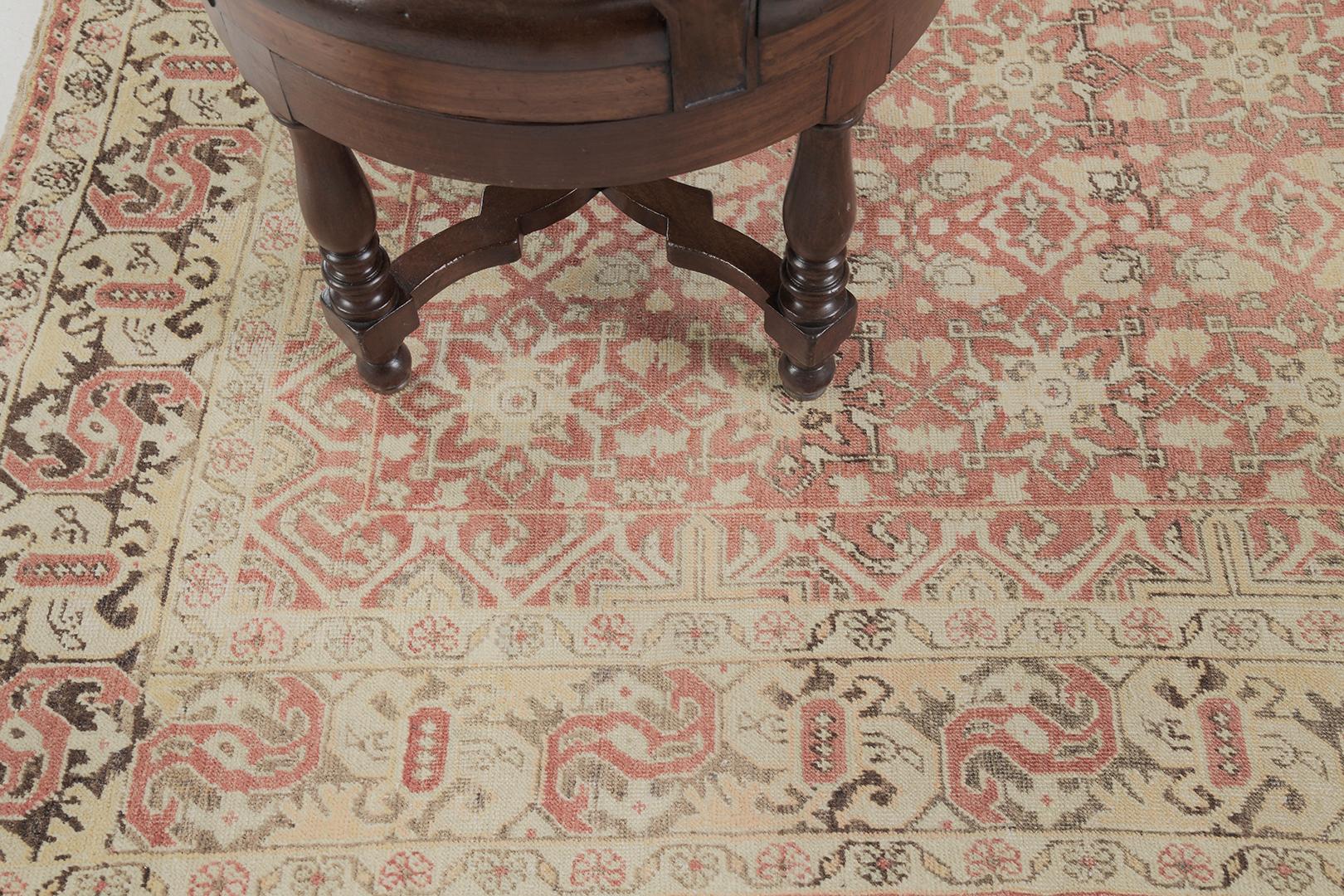 The elegance and magnificent color scheme of cream, brown, and terracotta, bring harmony to this Vintage Turkish Anatolian rug. Brunguz embodies generous Anatolian style with a stunning mirrored pattern by motif and styles. It is also composed of