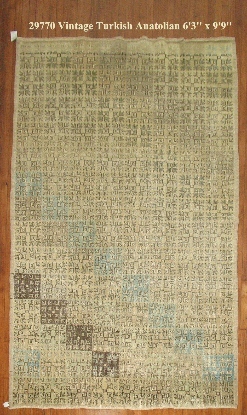 Hand-Knotted Neutral Square Motif Turkish Anatolian Rug, Mid-20th Century For Sale