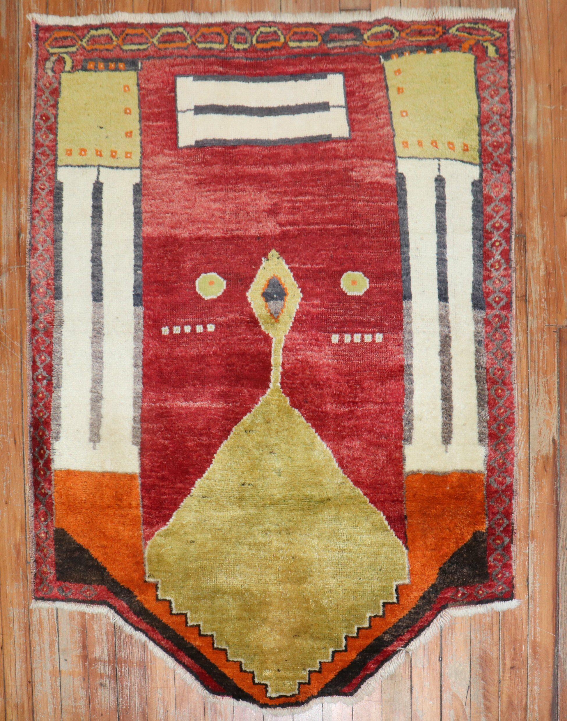 Unusual Turkish prayer rug used as a horseback cover,

circa 1940. 

Measures: 3' x 3'6'' x 4'2''.