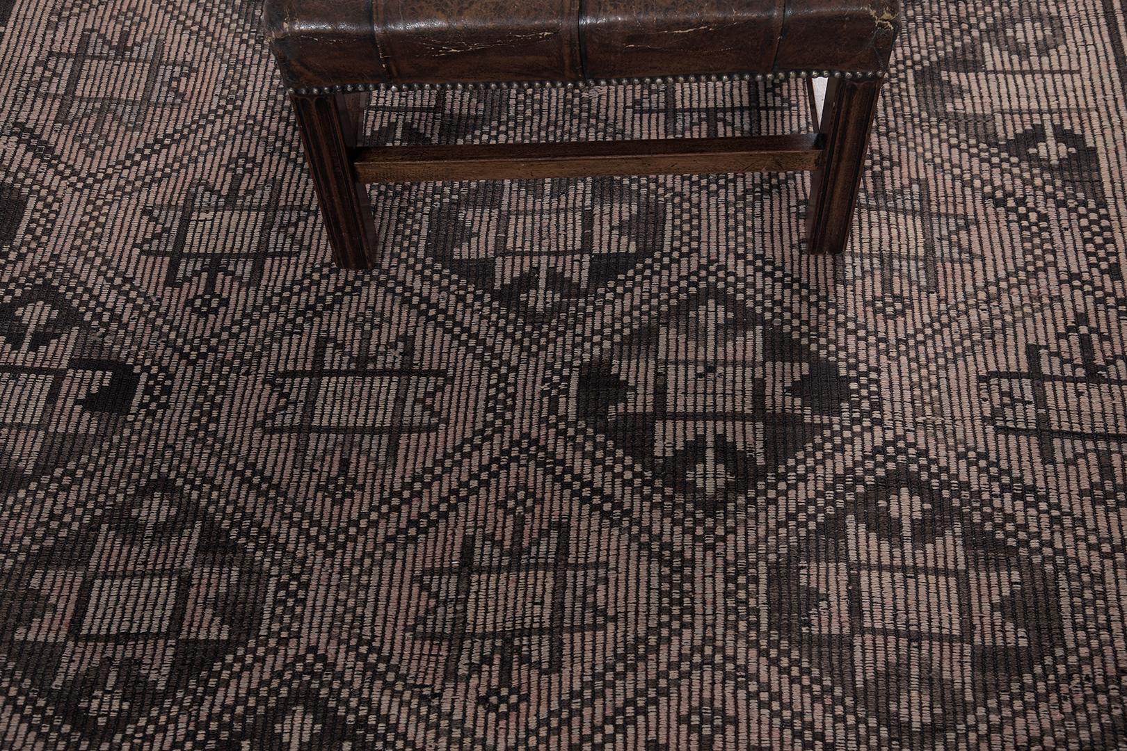 An alluring Vintage Turkish Anatolian Jejim Kilim rug that beguiles you to a panel design pattern of symbolical elements that are poised to amaze. The abrashed light cedar field is covered by eight pointed star’ motifs enclosed in a series of