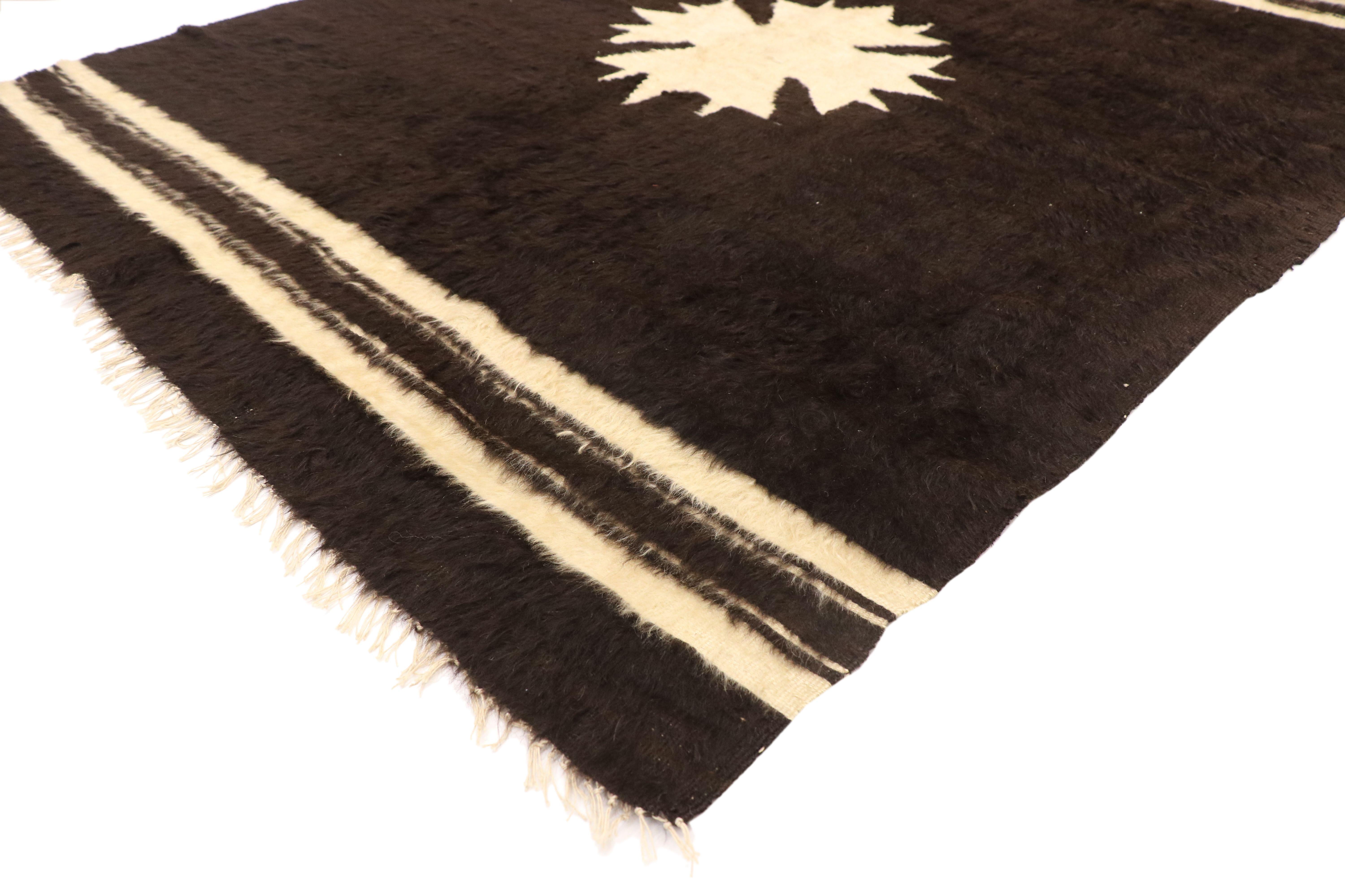 52837 vintage Turkish Angora Blanket rug with Mid-Century Modern style 04'09 x 05'09. With its minimalist design, plush texture, this vintage Turkish angora blanket rug is a captivating vision of woven beauty. It features an Anatolian star medallion