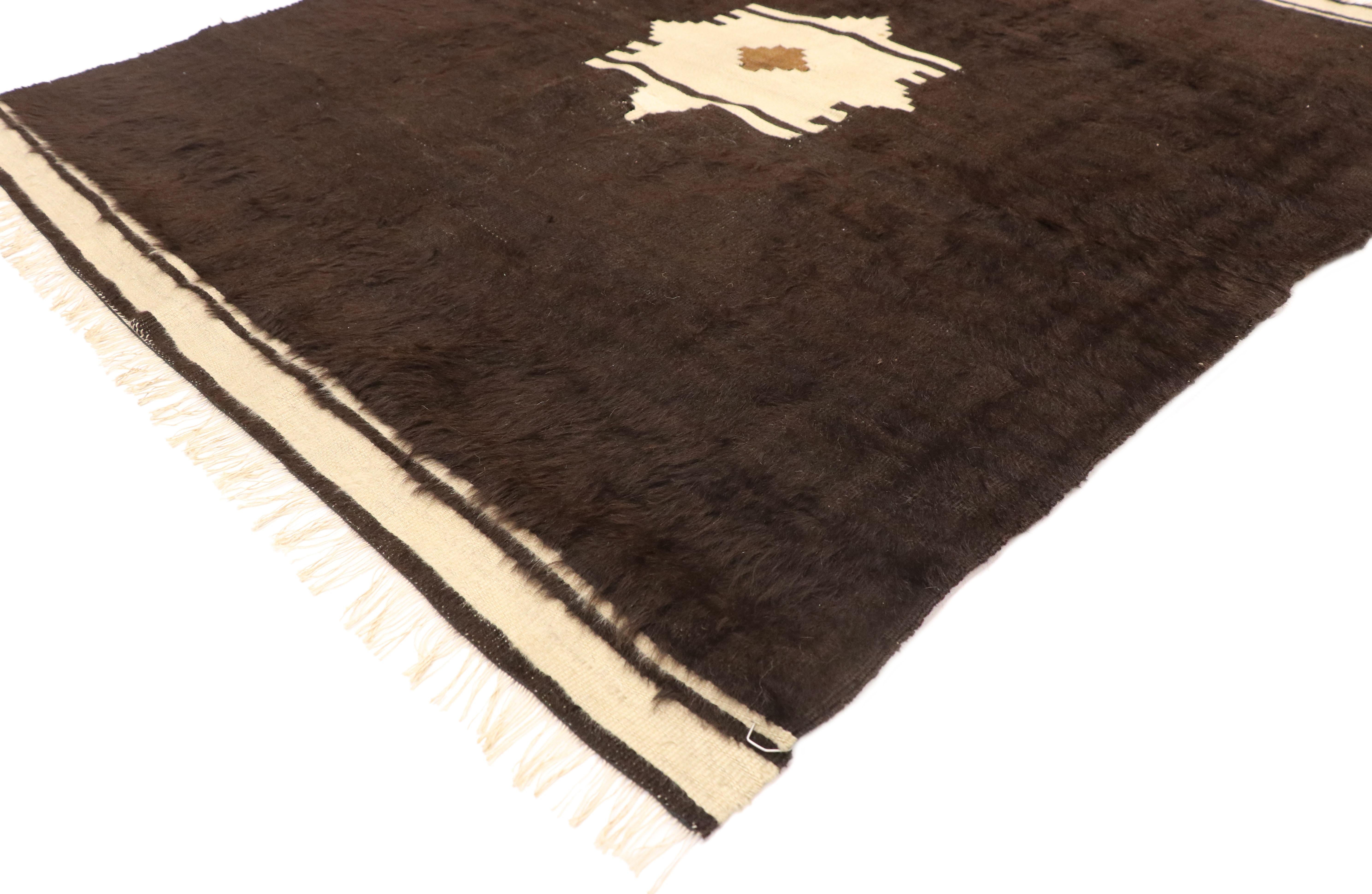 52848 vintage Turkish Angora Blanket rug with Mid-Century Modern style. With its minimalist design, plush texture, this vintage Turkish angora blanket rug is a captivating vision of woven beauty. It features an Anatolian star medallion floating in