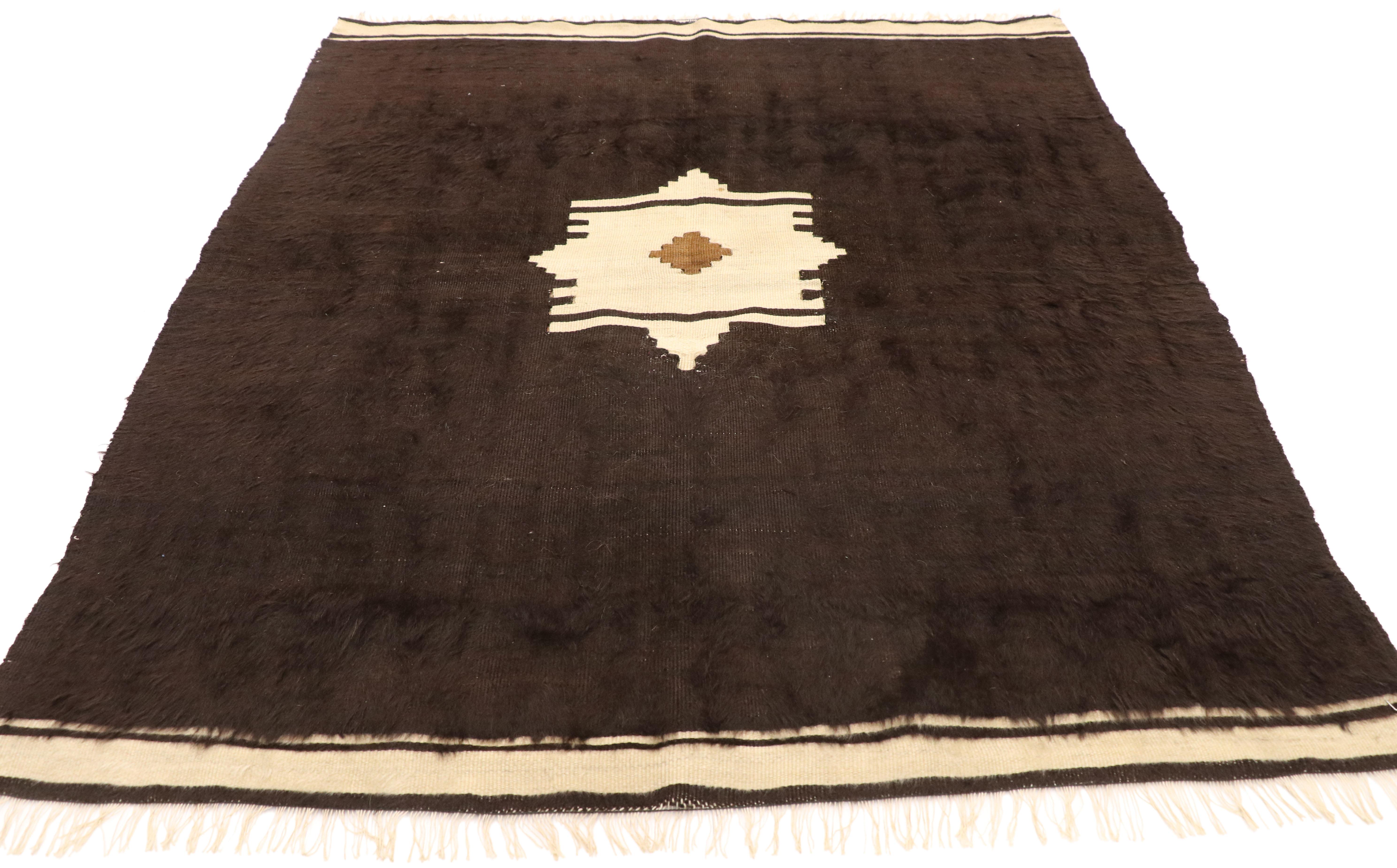 Hand-Woven Vintage Turkish Angora Blanket Rug with Mid-Century Modern Style