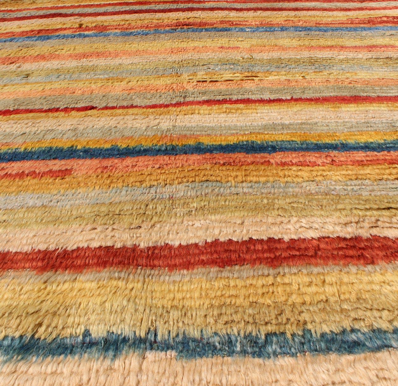 Vintage Turkish Angora Tulu Rug with Stripe Design in Yellow, Green, Red & Blue For Sale 4