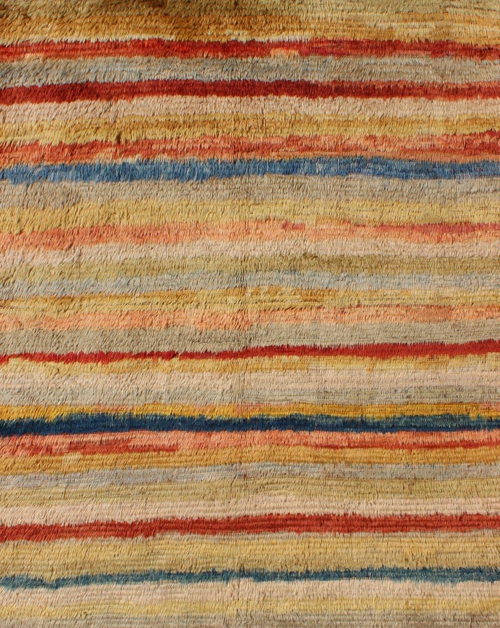 Hand-Knotted Vintage Turkish Angora Tulu Rug with Stripe Design in Yellow, Green, Red & Blue For Sale