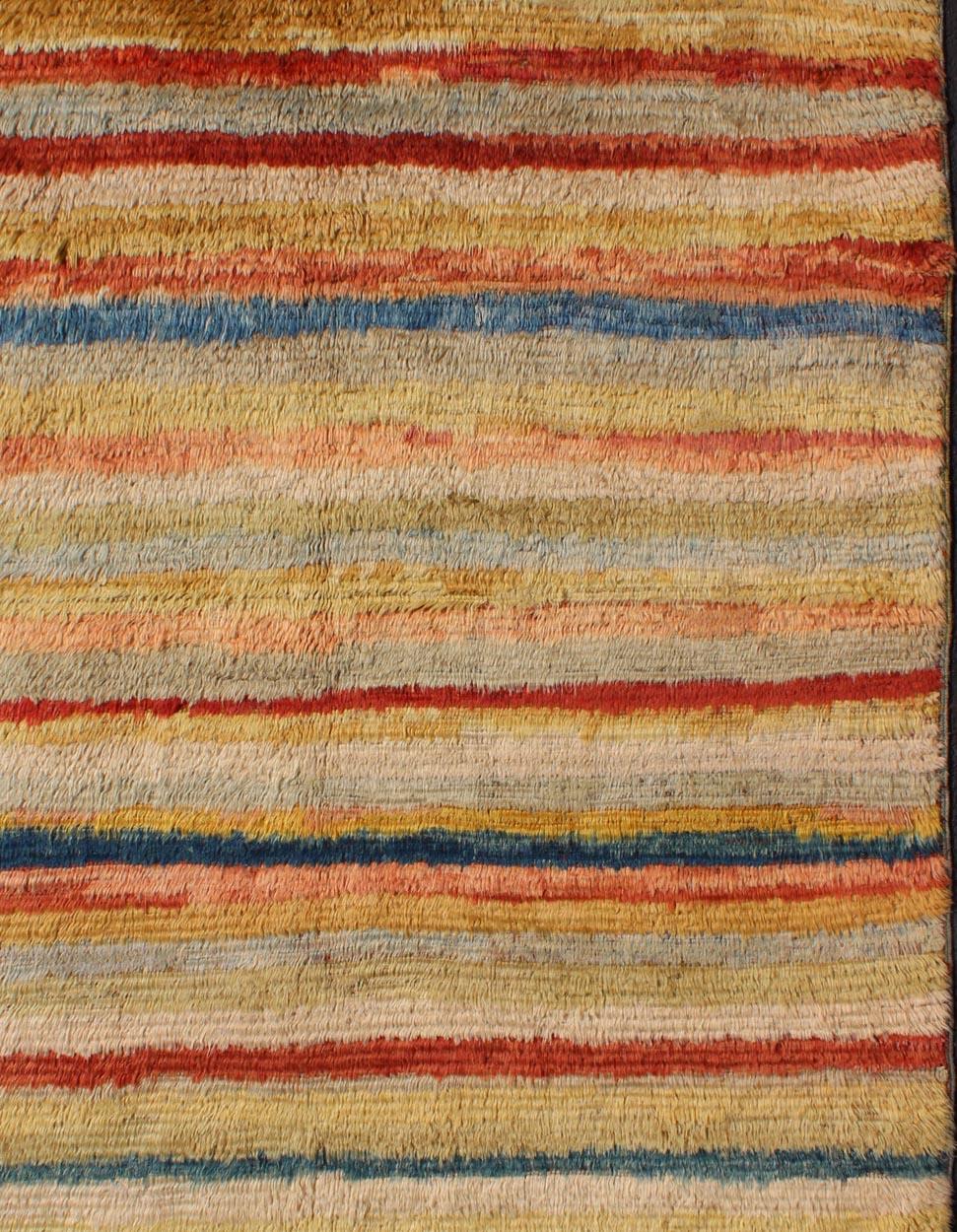 Vintage Turkish Angora Tulu Rug with Stripe Design in Yellow, Green, Red & Blue In Excellent Condition For Sale In Atlanta, GA