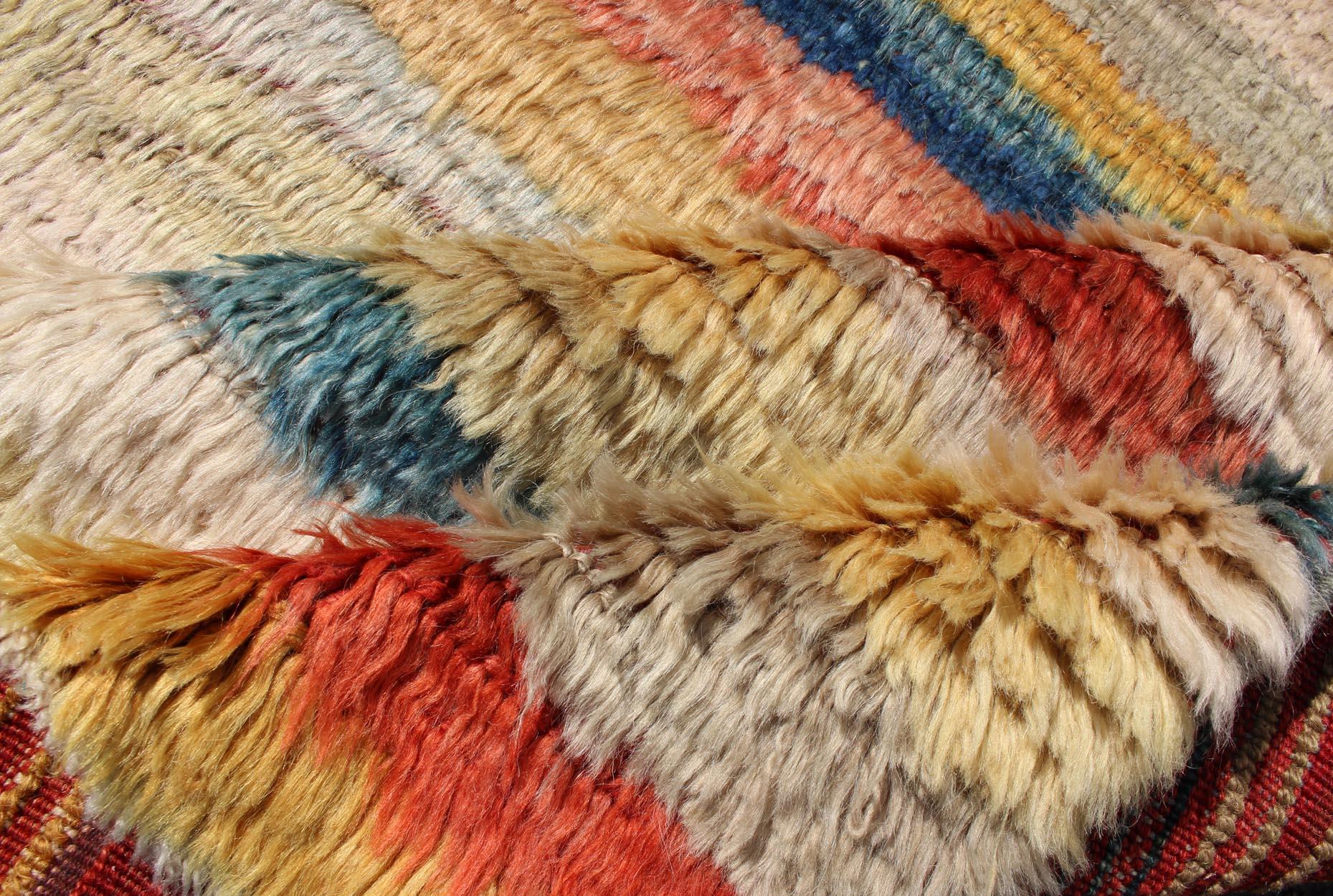 20th Century Vintage Turkish Angora Tulu Rug with Stripe Design in Yellow, Green, Red & Blue For Sale