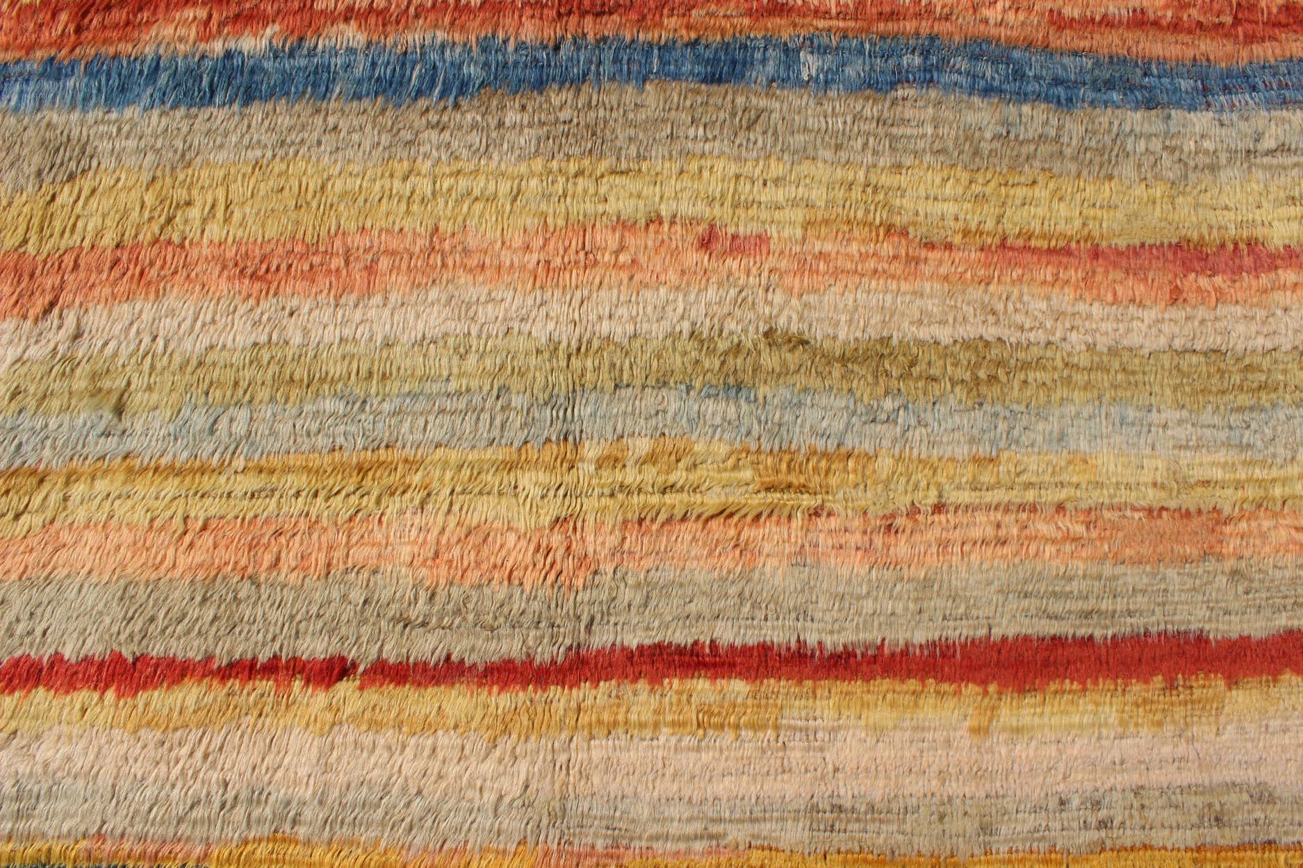 Wool Vintage Turkish Angora Tulu Rug with Stripe Design in Yellow, Green, Red & Blue For Sale