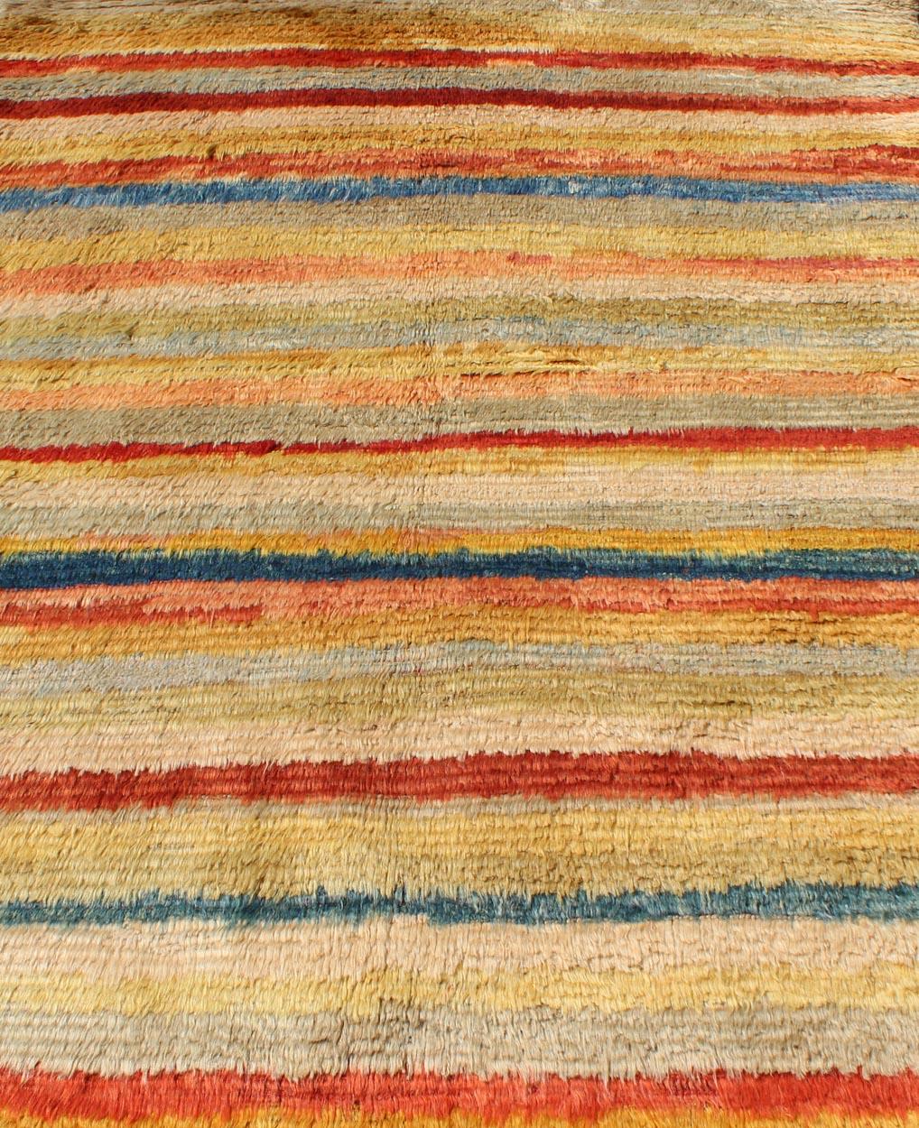 Vintage Turkish Angora Tulu Rug with Stripe Design in Yellow, Green, Red & Blue For Sale 3