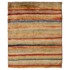 Vintage Turkish Angora Tulu Rug with Stripe Design in Yellow, Green, Red & Blue