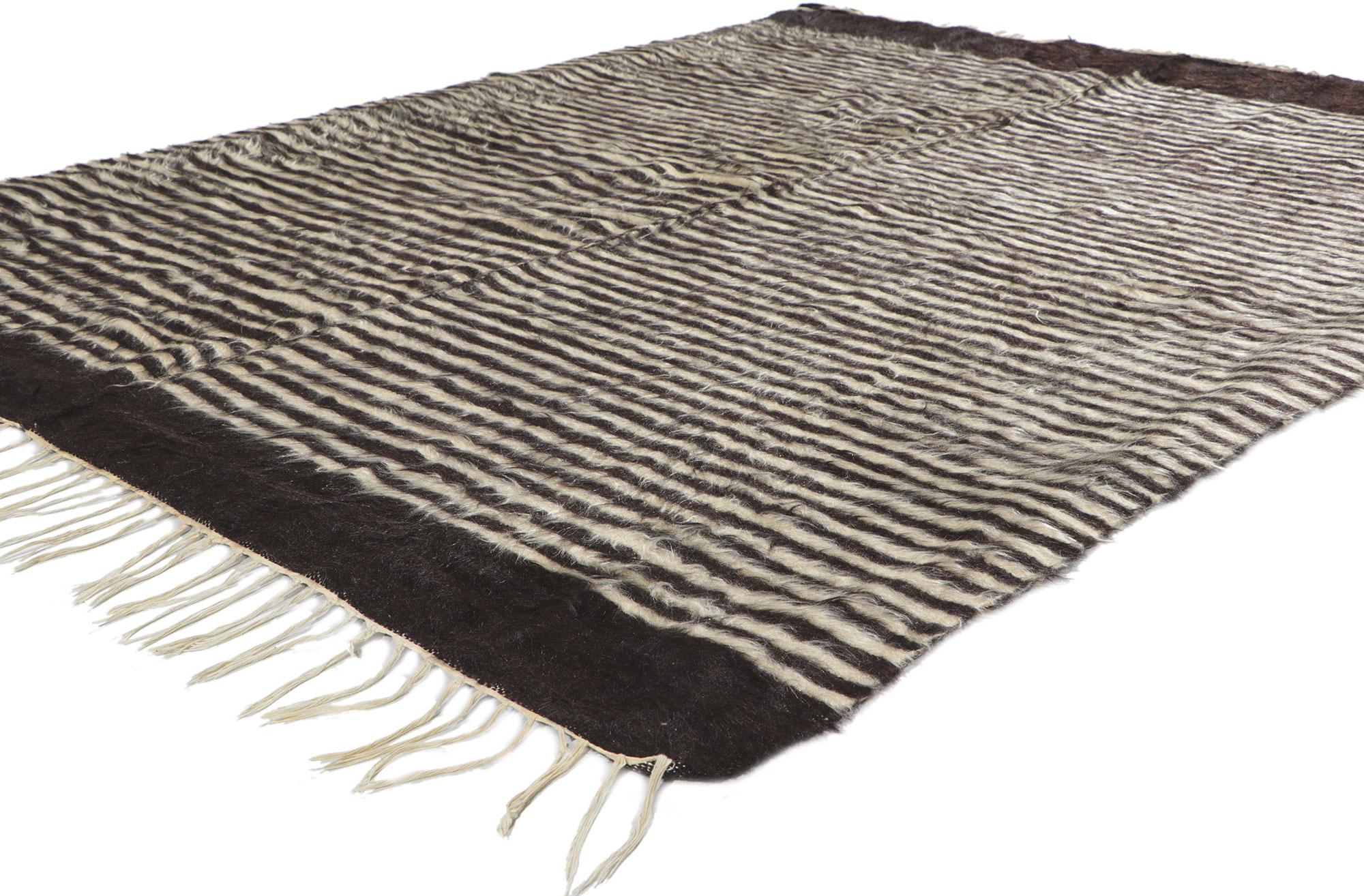 53860 Vintage Turkish Angora Wool Blanket Kilim Rug, 05'02 x 06'03. With its shaggy pile, incredible detail and texture, this handwoven Turkish angora kilim rug is a captivating vision of woven beauty. The eye-catching striped pattern and neutral