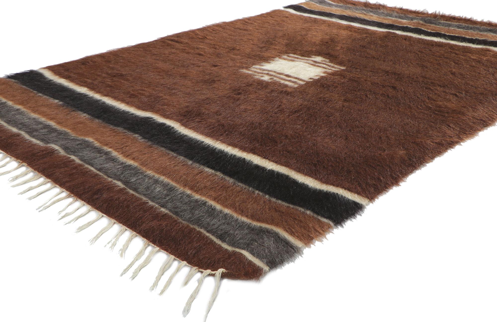 53858 Vintage Turkish Angora Wool Blanket Kilim rug, 04'04 x 06'06?. With its shaggy pile, incredible detail and texture, this handwoven Turkish angora kilim rug is a captivating vision of woven beauty. The eye-catching geometric design and earthy