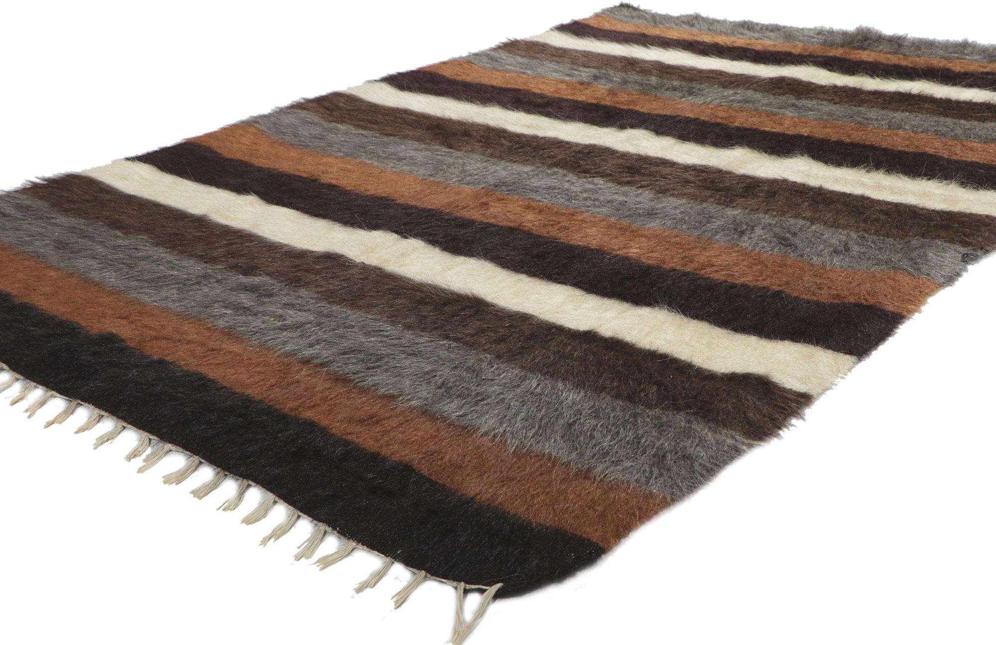 53856 Vintage Turkish Angora Wool Blanket Kilim Rug, 04'05 x 06'05. With its shaggy pile, incredible detail and texture, this handwoven Turkish angora kilim rug is a captivating vision of woven beauty. The eye-catching striped pattern and earthy