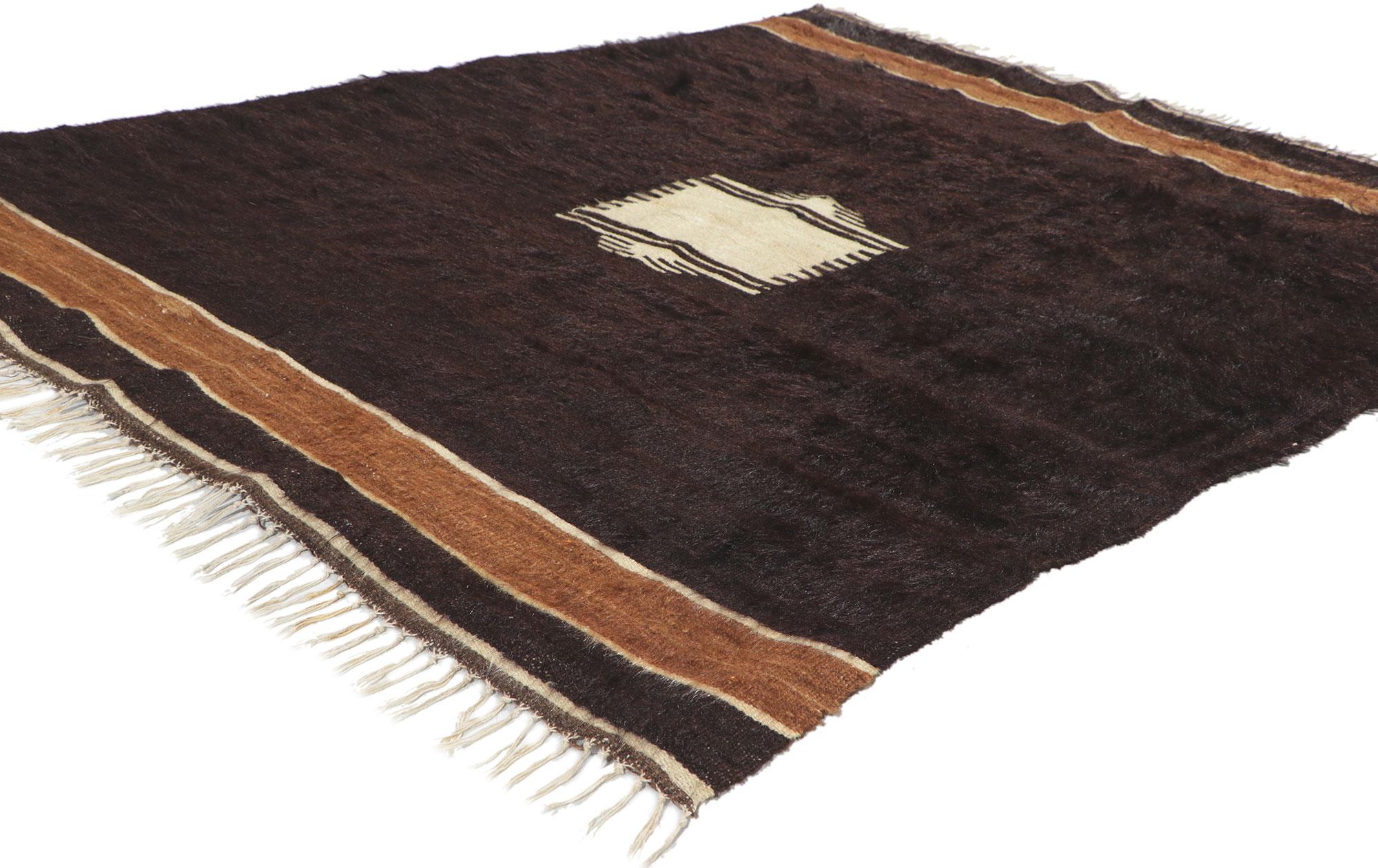 53855 Vintage Turkish Angora Wool Blanket Kilim rug, 04'02 x 05'03. With its shaggy pile, incredible detail and texture, this handwoven Turkish angora kilim rug is a captivating vision of woven beauty. The eye-catching geometric design and earthy