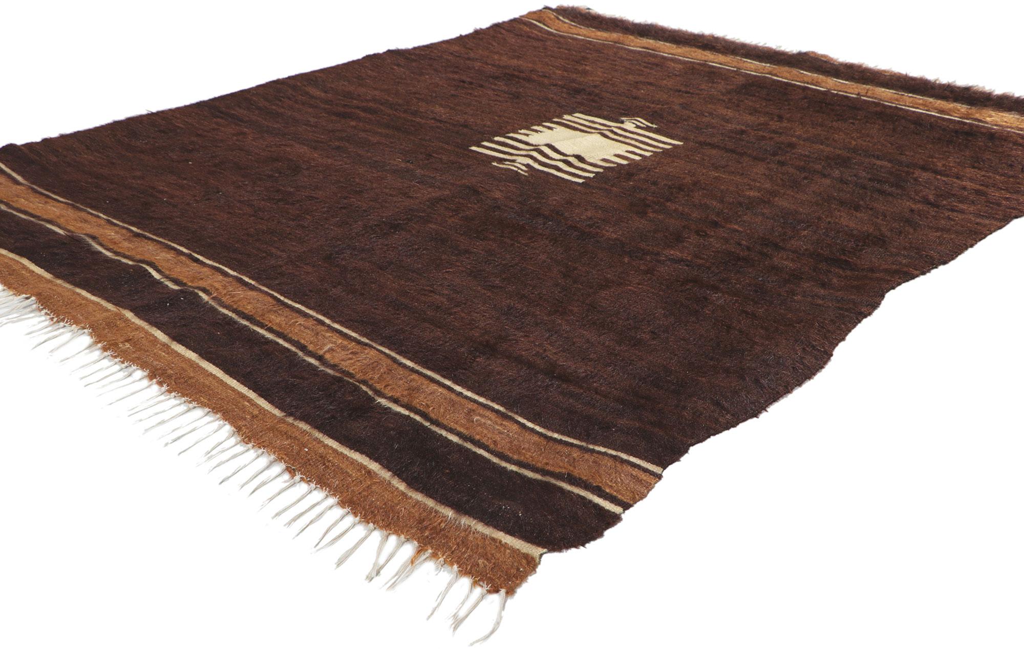 53854 Vintage Turkish Angora Wool Blanket Kilim rug, 04'00 x 05'02. With its shaggy pile, incredible detail and texture, this handwoven Turkish angora kilim rug is a captivating vision of woven beauty. The eye-catching geometric design and earthy