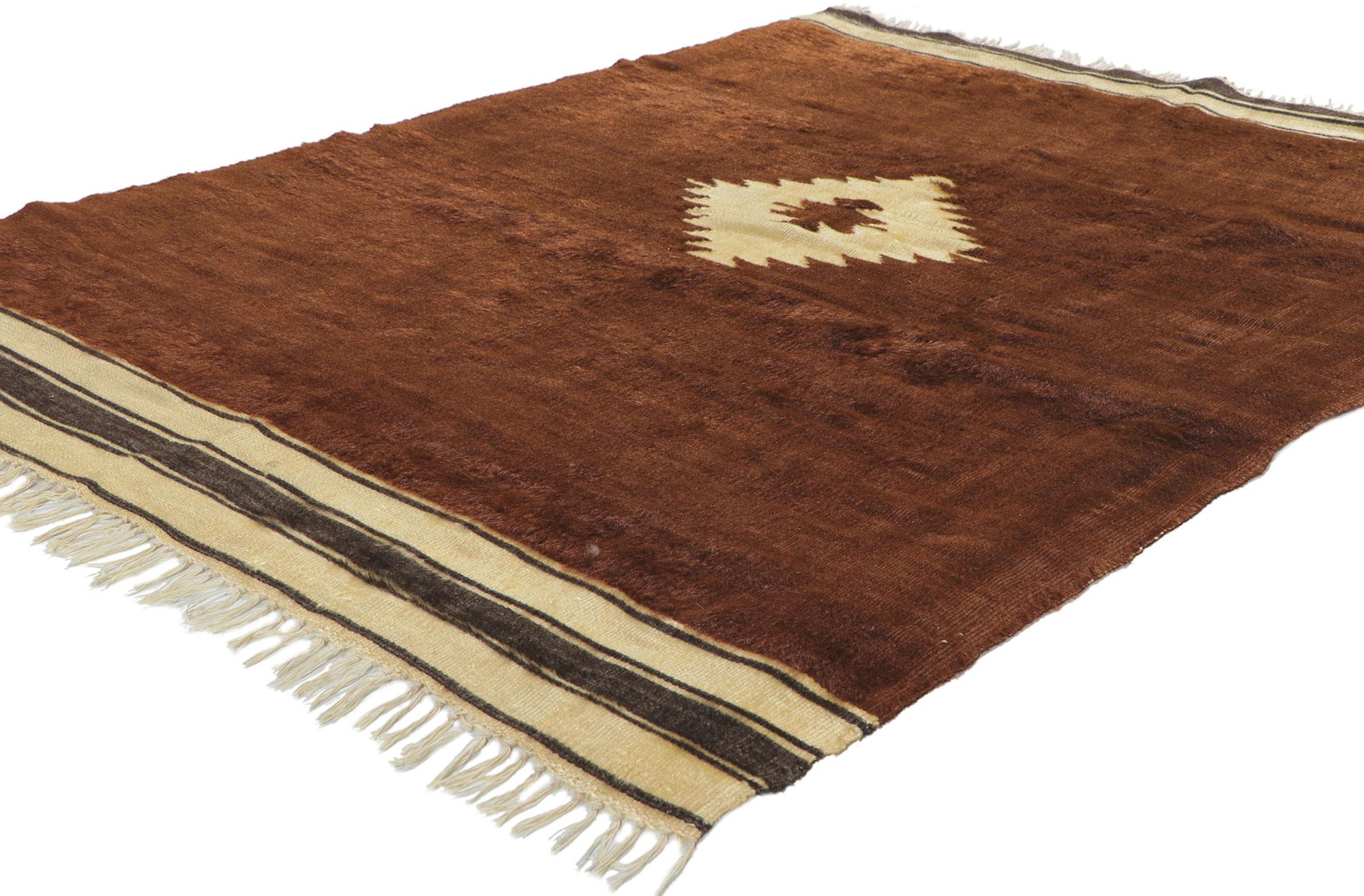 53853 Vintage Turkish Angora Wool Blanket Kilim rug, 03'11 x 05'01. With its shaggy pile, incredible detail and texture, this handwoven Turkish angora kilim rug is a captivating vision of woven beauty. The eye-catching geometric design and earthy