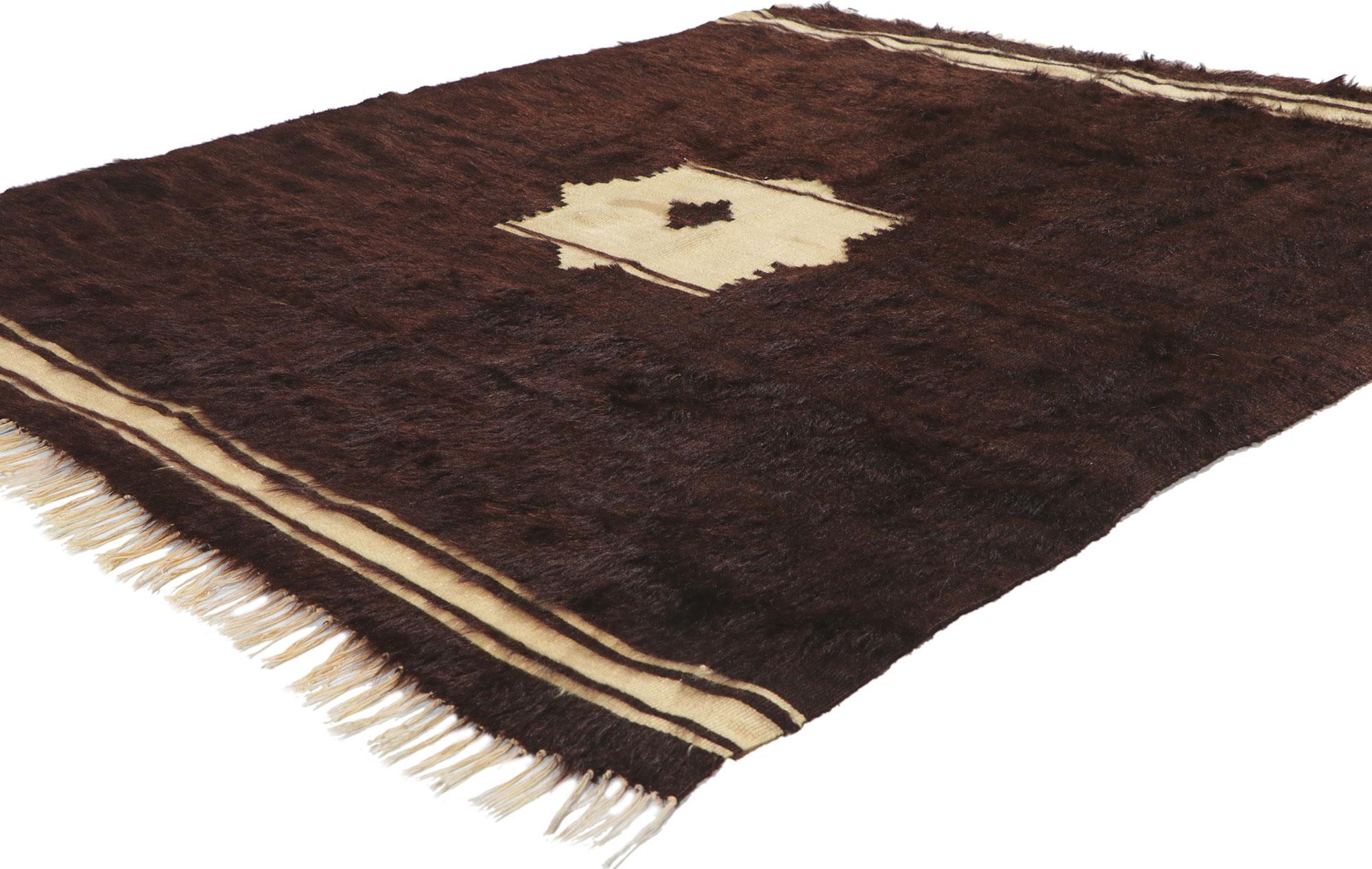 53852 Vintage Turkish Angora Wool Blanket Kilim rug, 04'08 x 05'04. With its shaggy pile, incredible detail and texture, this handwoven Turkish angora kilim rug is a captivating vision of woven beauty. The eye-catching geometric design and earthy