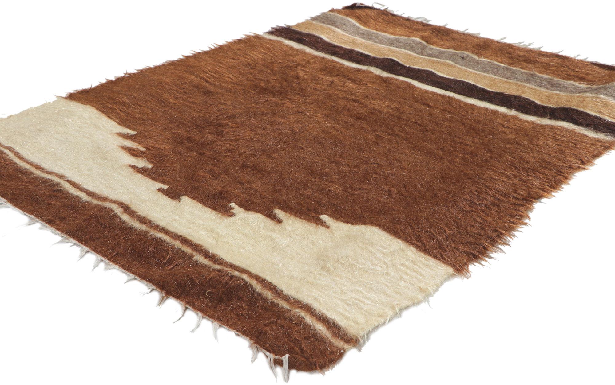 53850 Vintage Turkish Angora Wool Blanket Kilim rug, 02'09 x 03'09?. With its shaggy pile, incredible detail and texture, this handwoven Turkish angora kilim rug is a captivating vision of woven beauty. The eye-catching geometric design and earthy