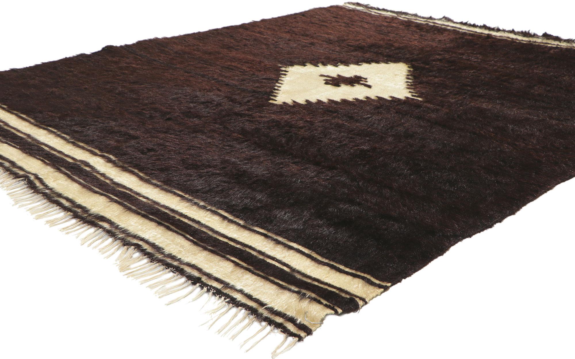 53849 Vintage Turkish Angora Wool Blanket Kilim rug, 05'01 x 06'01. With its shaggy pile, incredible detail and texture, this handwoven Turkish angora kilim rug is a captivating vision of woven beauty. The eye-catching geometric design and earthy