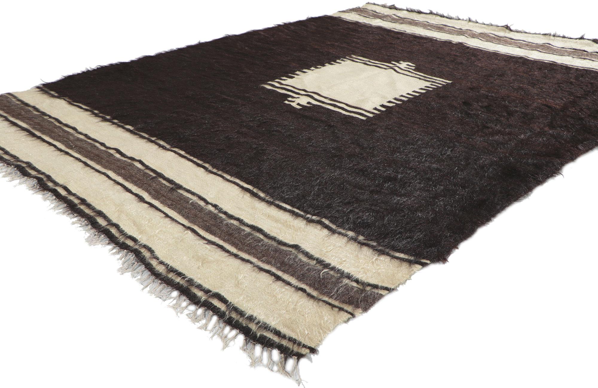 53848 Vintage Turkish Angora Wool Blanket Kilim rug, 04'06 x 05'11. With its shaggy pile, incredible detail and texture, this handwoven Turkish angora kilim rug is a captivating vision of woven beauty. The eye-catching geometric design and earthy