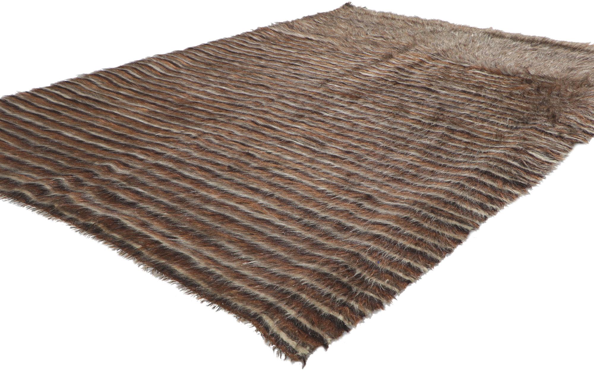 53844 Vintage Turkish Angora Wool Kilim Blanket Rug, 04'03 x 06'00. With its shaggy pile, incredible detail and texture, this handwoven Turkish angora kilim rug is a captivating vision of woven beauty. The eye-catching geometric design and earthy