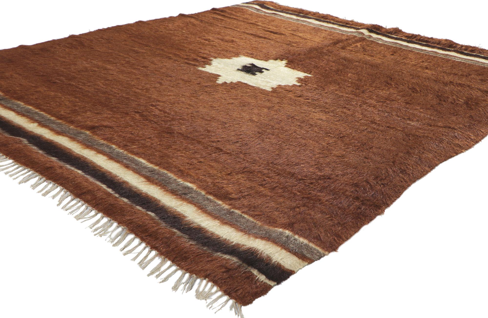 53843 Vintage Turkish Angora Wool Kilim Blanket Rug, 04'10 x 05'07.
With its shaggy pile, incredible detail and texture, this handwoven Turkish angora kilim rug is a captivating vision of woven beauty. The eye-catching geometric design and earthy