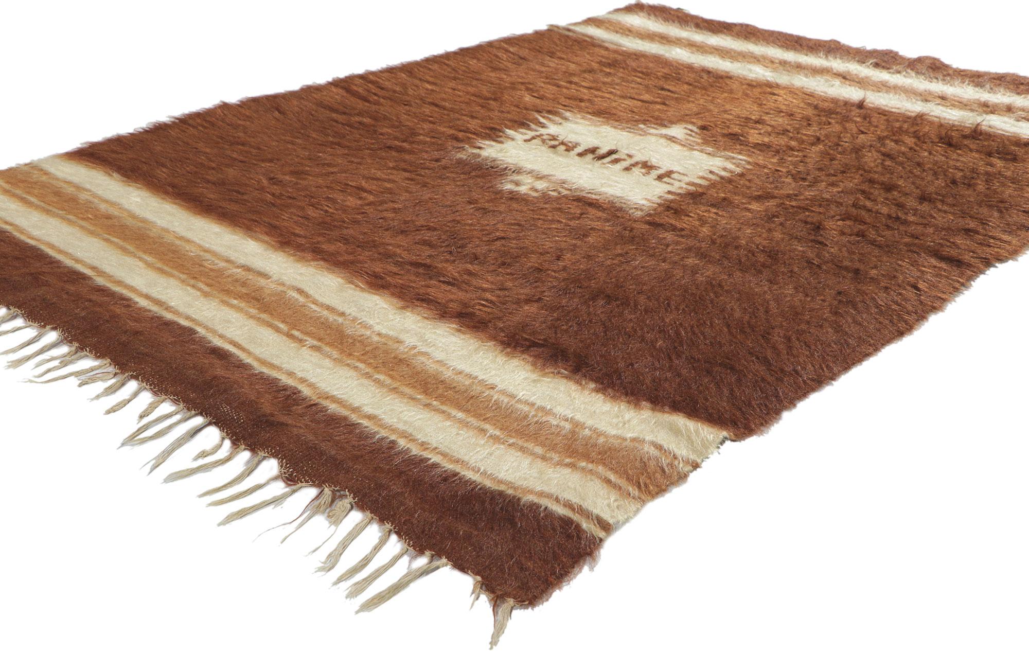 53842 vintage Turkish Angora wool Kilim Blanket rug, 03'09 x 05'06. With its shaggy pile, incredible detail and texture, this handwoven Turkish angora kilim rug is a captivating vision of woven beauty. The eye-catching geometric design and earthy