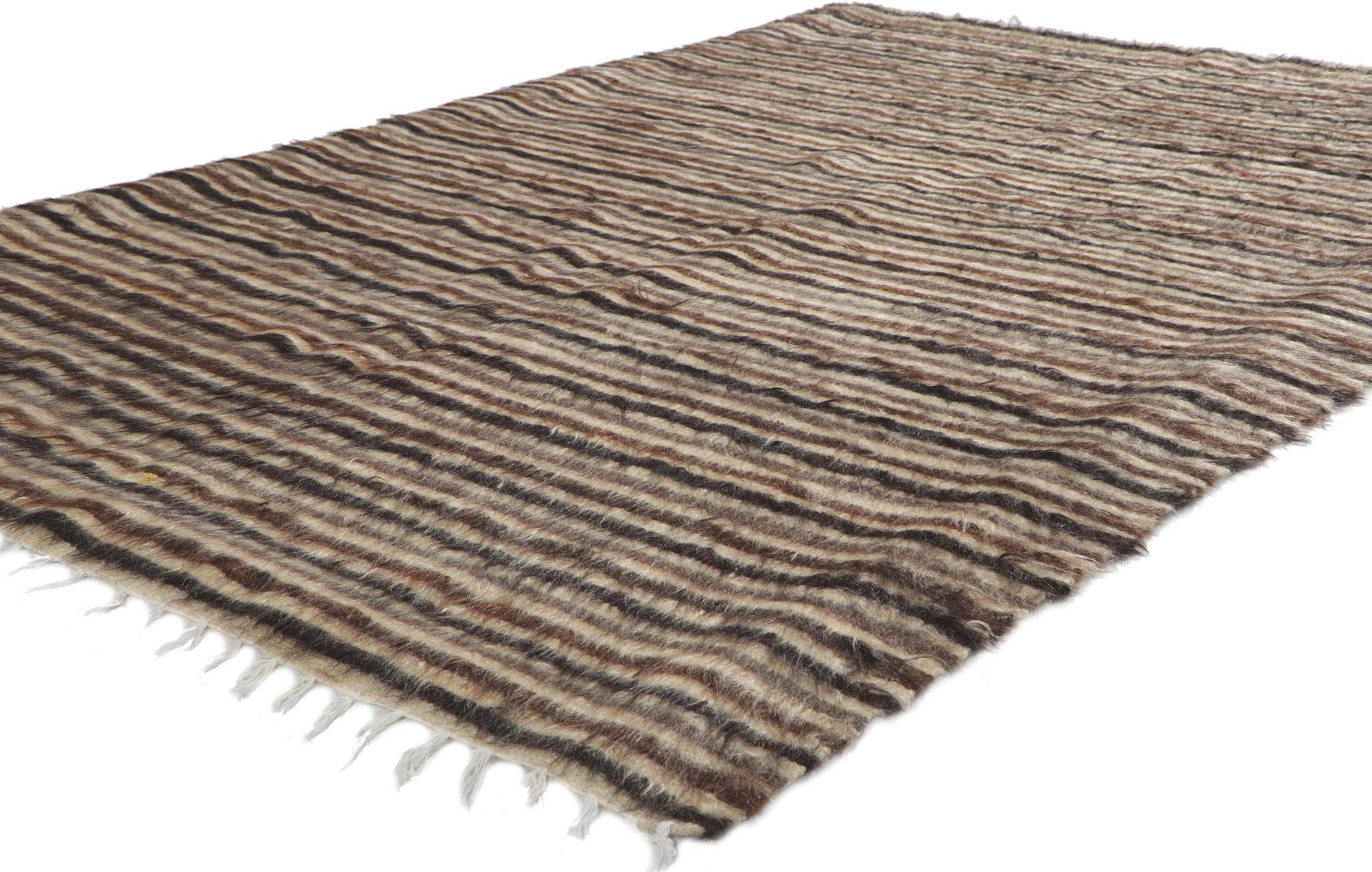 53841 Vintage Turkish Angora Wool Kilim Blanket Rug, 04'04 x 06'04. With its shaggy pile, incredible detail and texture, this handwoven Turkish angora kilim rug is a captivating vision of woven beauty. The eye-catching striped pattern and earthy