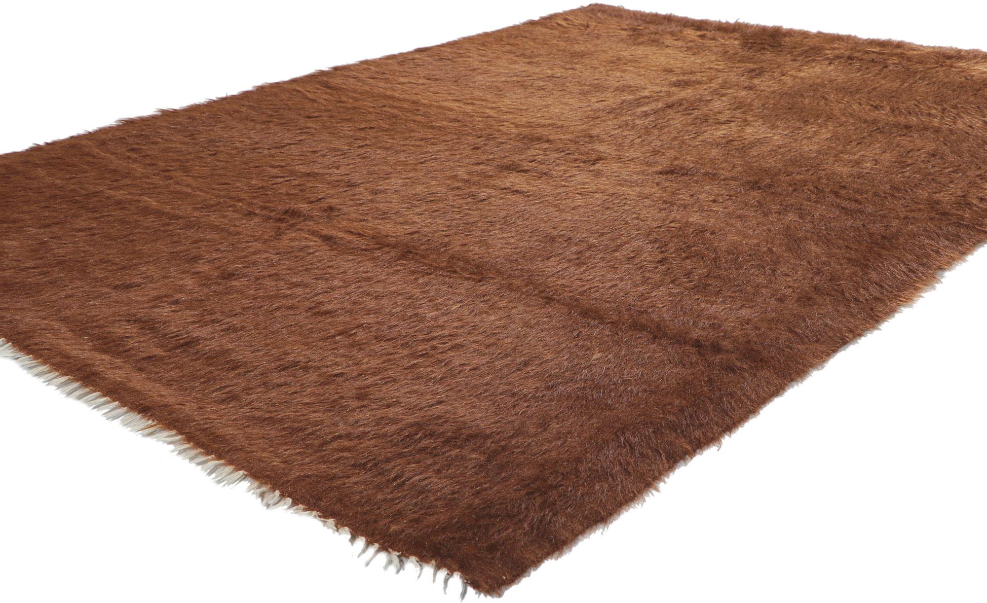 53840 Vintage Turkish Angora Wool Kilim Blanket Rug, 04'08 x 06'07. With its shaggy pile, incredible detail and texture, this handwoven Turkish angora kilim rug is a captivating vision of woven beauty. The minimalist design and earthy colorway woven